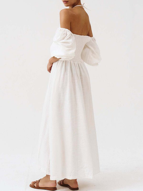 Floral Smocked Lace-up Off Shoulder A-line Maternity Maxi Dress for Maternity