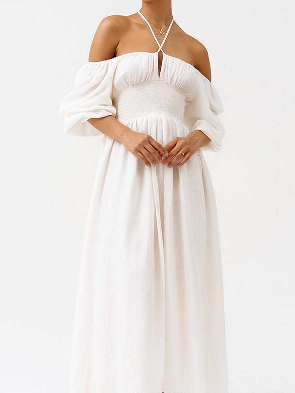 Floral Smocked Lace-up Off Shoulder A-line Maternity Maxi Dress for Maternity