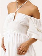 Floral Smocked Lace-up Off Shoulder A-line Maternity Maxi Dress for Maternity