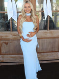 Blue Mesh Ruched Bandeau Scarf Strapless Bodycon Maternity Maxi Dress for Maternity