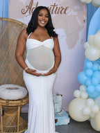 Ruched Mesh Draped Halter Neck Backless Maternity Maxi Dress for Maternity