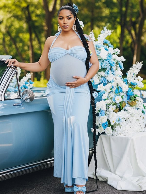 Ruched Mesh Draped Halter Neck Backless Maternity Maxi Dress for Maternity