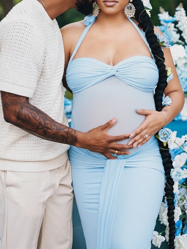Ruched Mesh Draped Halter Neck Backless Maternity Maxi Dress for Maternity