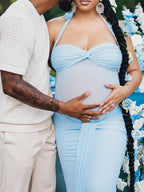 Ruched Mesh Draped Halter Neck Backless Maternity Maxi Dress for Maternity
