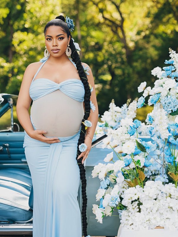 Ruched Mesh Draped Halter Neck Backless Maternity Maxi Dress for Maternity