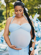 Ruched Mesh Draped Halter Neck Backless Maternity Maxi Dress for Maternity