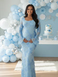 Mesh Embroidery Floral Ruffle Bodycon Maternity Maxi Dress for Maternity