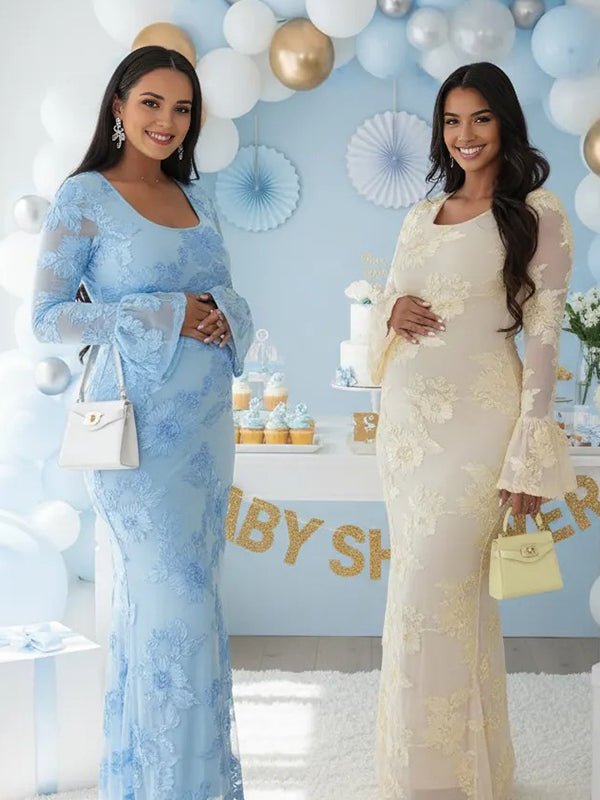 Mesh Embroidery Floral Ruffle Bodycon Maternity Maxi Dress for Maternity