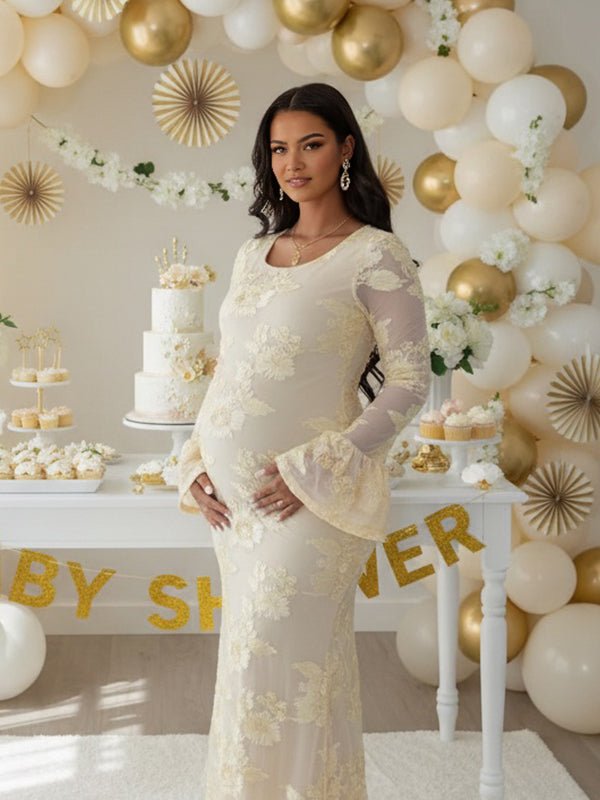 Mesh Embroidery Floral Ruffle Bodycon Maternity Maxi Dress for Maternity