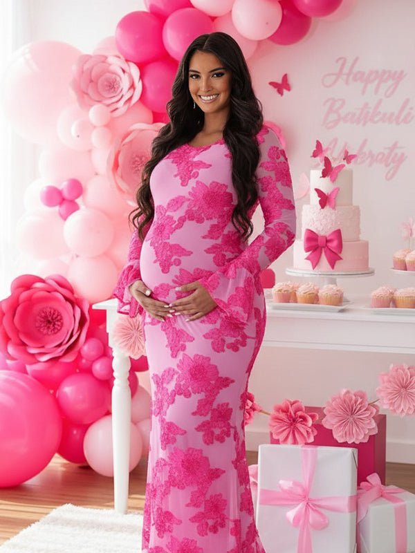 Mesh Embroidery Floral Ruffle Bodycon Maternity Maxi Dress for Maternity