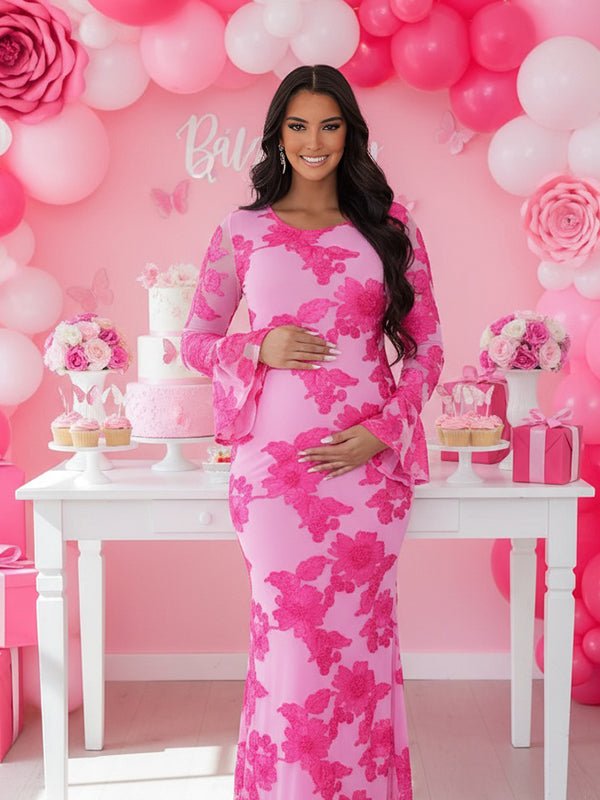 Mesh Embroidery Floral Ruffle Bodycon Maternity Maxi Dress for Maternity