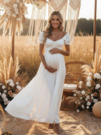 Ruffle Ruched Lace-up Big Swing Boho Western Maternity Maxi Dress for Maternity