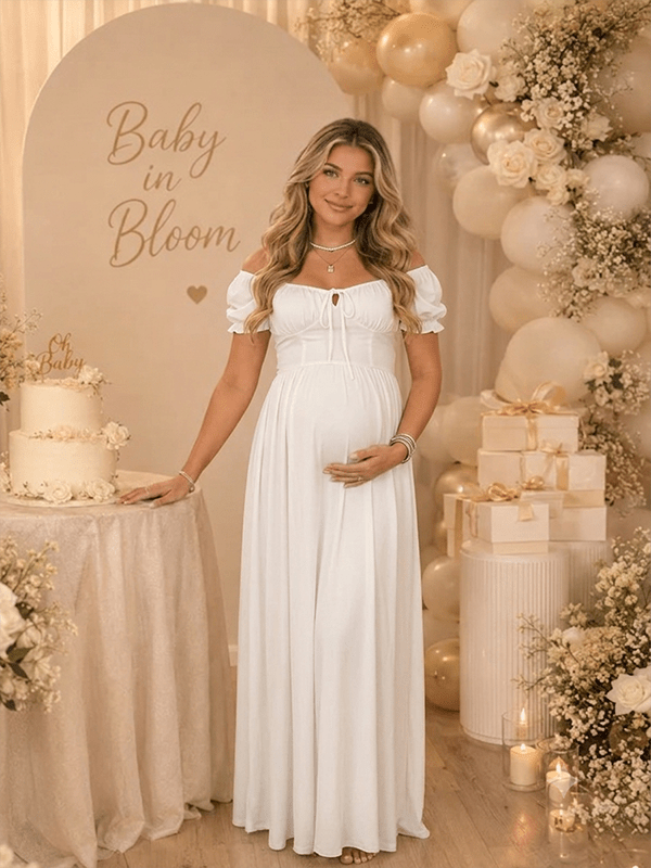 White Ruffle Ruched Lace-up Summer Beach Photoshoot Maternity Baby Shower Maxi Dress for Maternity