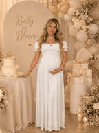 White Ruffle Ruched Lace-up Summer Beach Photoshoot Maternity Baby Shower Maxi Dress for Maternity