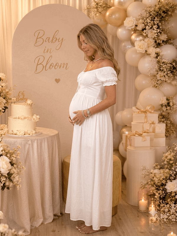 White Ruffle Ruched Lace-up Summer Beach Photoshoot Maternity Baby Shower Maxi Dress for Maternity