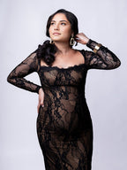 Lace Ruffle Back Slit Square Neck Bodycon Maternity Maxi Dress for Maternity