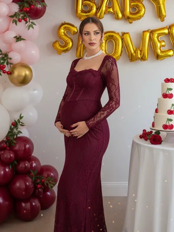Lace Ruffle Back Slit Square Neck Bodycon Maternity Maxi Dress for Maternity