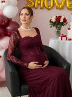 Lace Ruffle Back Slit Square Neck Bodycon Maternity Maxi Dress for Maternity