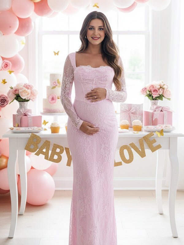 Lace Ruffle Back Slit Square Neck Bodycon Maternity Maxi Dress for Maternity