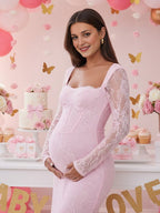 Lace Ruffle Back Slit Square Neck Bodycon Maternity Maxi Dress for Maternity