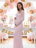 Lace Ruffle Back Slit Square Neck Bodycon Maternity Maxi Dress for Maternity