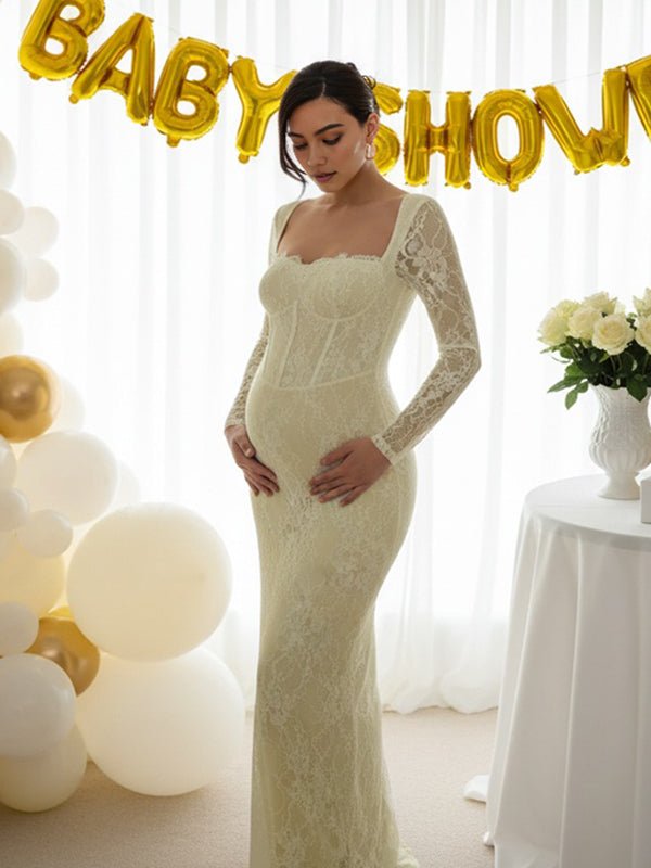 Lace Ruffle Back Slit Square Neck Bodycon Maternity Maxi Dress for Maternity
