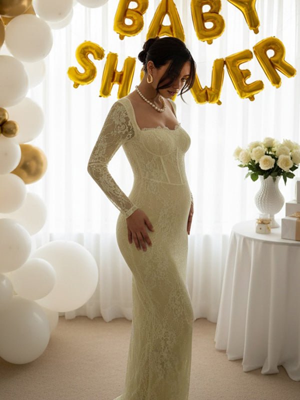 Lace Ruffle Back Slit Square Neck Bodycon Maternity Maxi Dress for Maternity