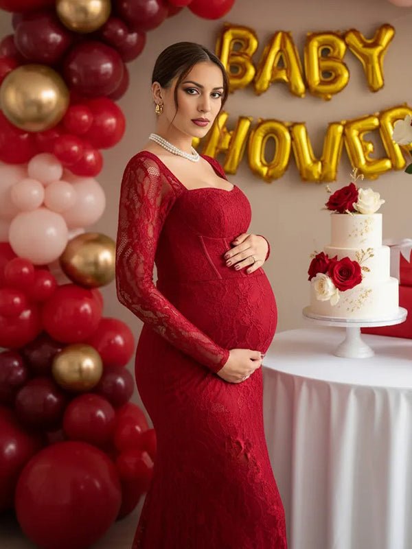 Lace Ruffle Back Slit Square Neck Bodycon Maternity Maxi Dress for Maternity