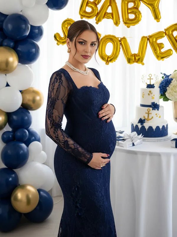 Lace Ruffle Back Slit Square Neck Bodycon Maternity Maxi Dress for Maternity