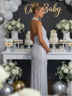 Glitter Sequin Ruched Backless Halter Neck Bodycon Maternity Maxi Dress for Maternity