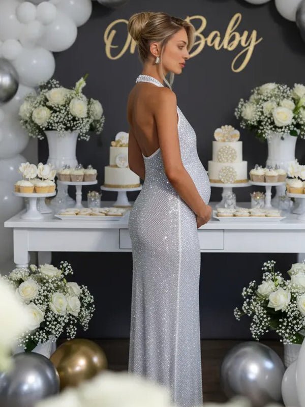 Glitter Sequin Ruched Backless Halter Neck Bodycon Maternity Maxi Dress for Maternity