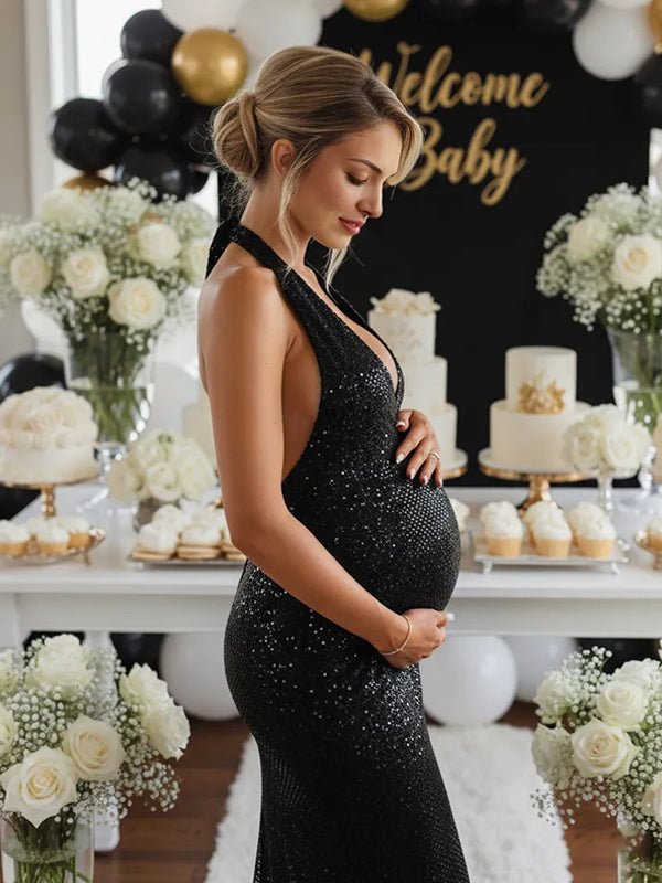 Glitter Sequin Ruched Backless Halter Neck Bodycon Maternity Maxi Dress for Maternity