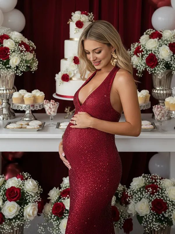 Glitter Sequin Ruched Backless Halter Neck Bodycon Maternity Maxi Dress for Maternity