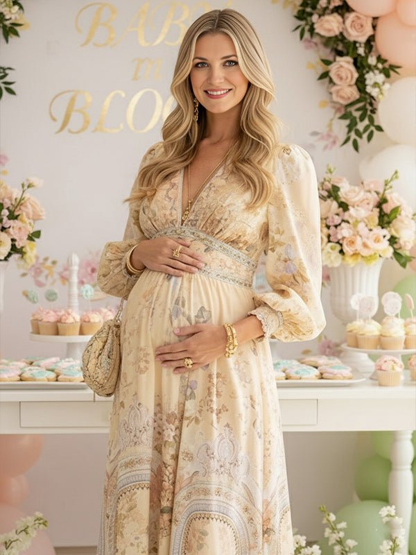 Floral Buttons Shaped Waistband Big Swing Flowy Boho Maternity Maxi Dress for Maternity