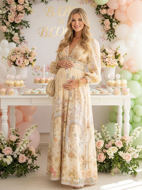 Floral Buttons Shaped Waistband Big Swing Flowy Boho Maternity Maxi Dress for Maternity