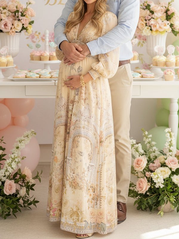 Floral Buttons Shaped Waistband Big Swing Flowy Boho Maternity Maxi Dress for Maternity