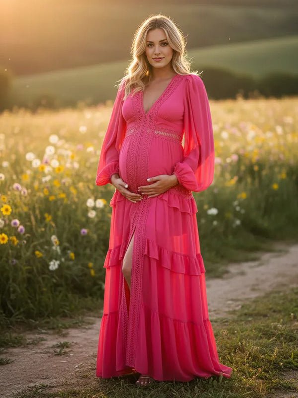 Ruffle Lace Hollow Out Silt Lantern Sleeve Boho Maternity Maxi Dress for Maternity