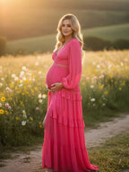 Ruffle Lace Hollow Out Silt Lantern Sleeve Boho Maternity Maxi Dress for Maternity