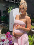 Pink Mesh Ruched Bandeau Crop Draped Two Piece Set Maternity Maxi Dress for Maternity
