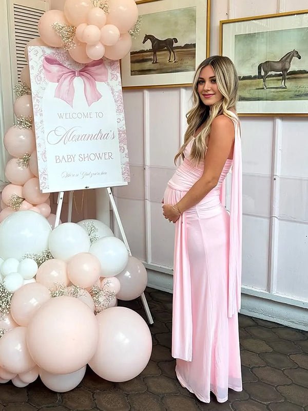Pink Mesh Ruched Bandeau Crop Draped Two Piece Set Maternity Maxi Dress for Maternity