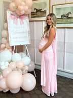 Pink Mesh Ruched Bandeau Crop Draped Two Piece Set Maternity Maxi Dress for Maternity