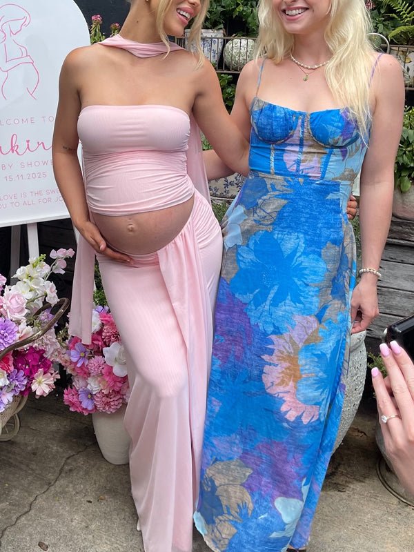 Pink Mesh Ruched Bandeau Crop Draped Two Piece Set Maternity Maxi Dress for Maternity