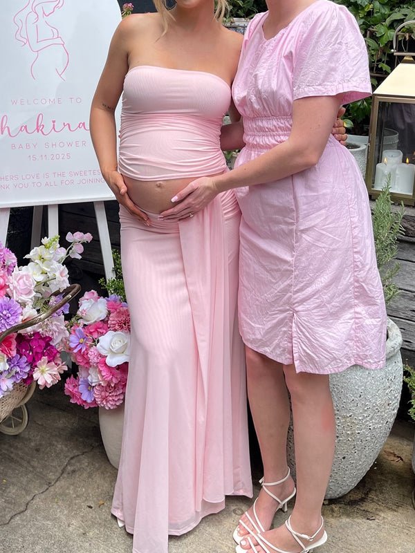 Pink Mesh Ruched Bandeau Crop Draped Two Piece Set Maternity Maxi Dress for Maternity