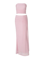 Pink Mesh Ruched Bandeau Crop Draped Two Piece Set Maternity Maxi Dress for Maternity