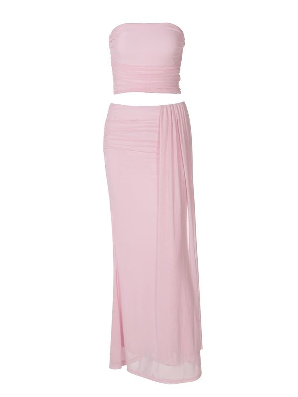 Pink Mesh Ruched Bandeau Crop Draped Two Piece Set Maternity Maxi Dress for Maternity