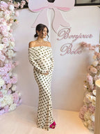White Off Shoulder Olive Green Polka Dot Bodycon Boho Photoshoot Baby Shower Maternity Maxi Dress for Maternity