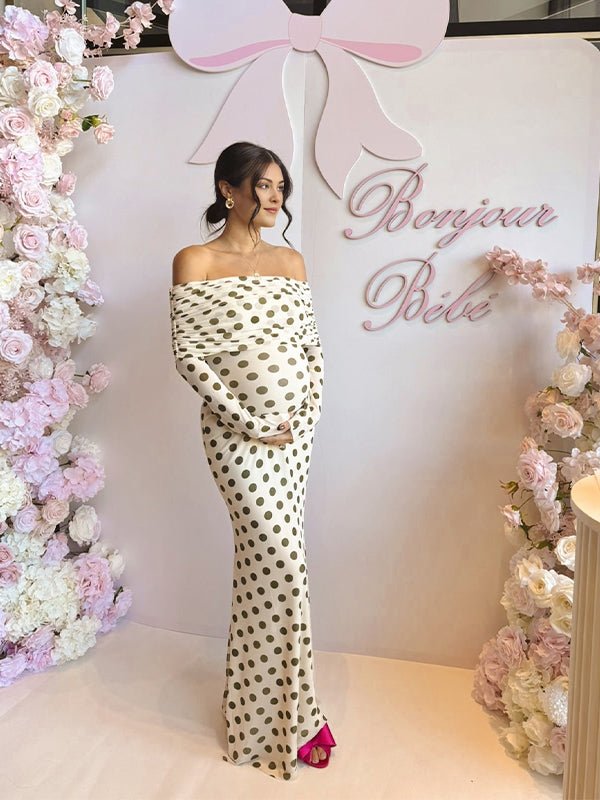 White Off Shoulder Olive Green Polka Dot Bodycon Boho Photoshoot Baby Shower Maternity Maxi Dress for Maternity
