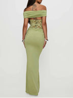 Green Off Shoulder Lace Sheer Splicing Ruched Baby Shower Maternity Maxi Dress for Maternity