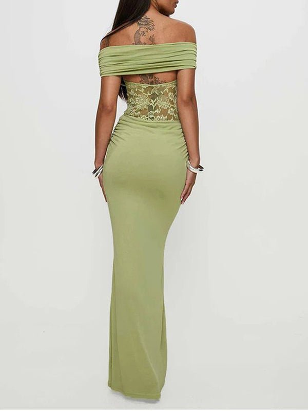 Green Off Shoulder Lace Sheer Splicing Ruched Baby Shower Maternity Maxi Dress for Maternity