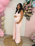 Pink Ruched Draped Backless Baby Girl Shower Maternity Maxi Dress for Maternity